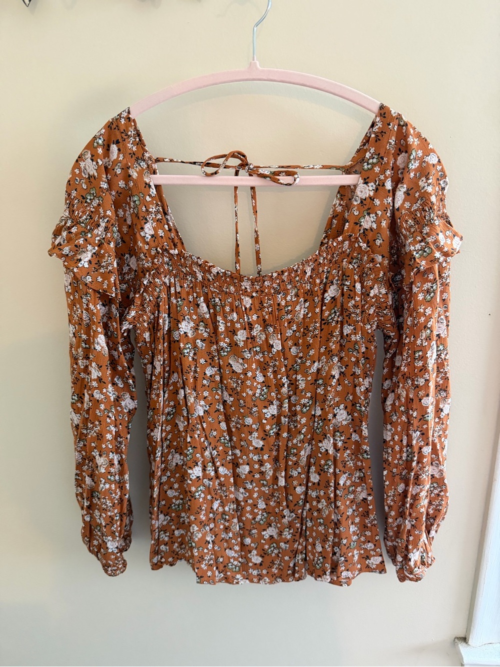 Floral Tie-Back Rust Long-Sleeve Peasant Blouse